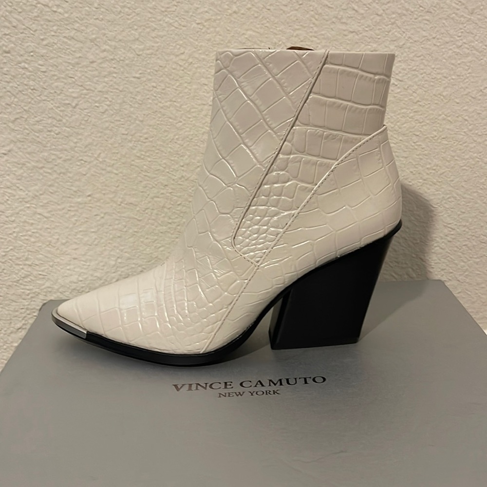 Vince Camuto white croc print western bootie